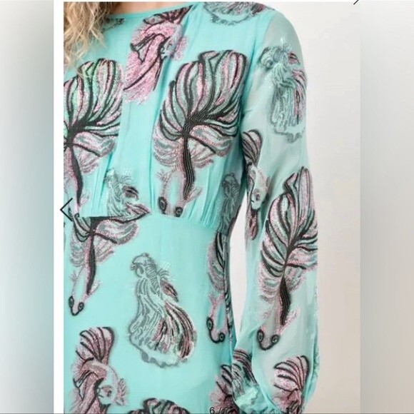 Cynthia Rowley Inverness Metallic Fish Blouson-sleeve Dress In Green Sz4 - Picture 11 of 13